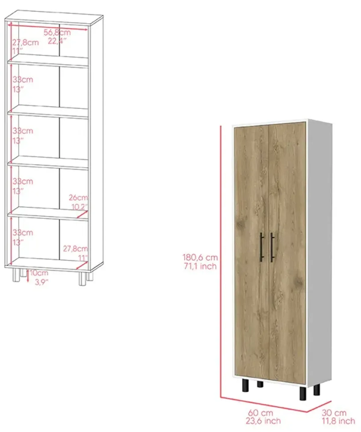 Arlington 2 Piece Kitchen Set, Kitchen Island + Pantry Cabinet, White / Light Oak