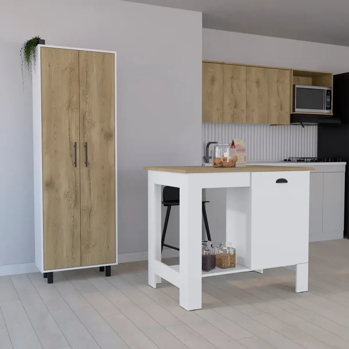 Arlington 2 Piece Kitchen Set, Kitchen Island + Pantry Cabinet, White / Light Oak