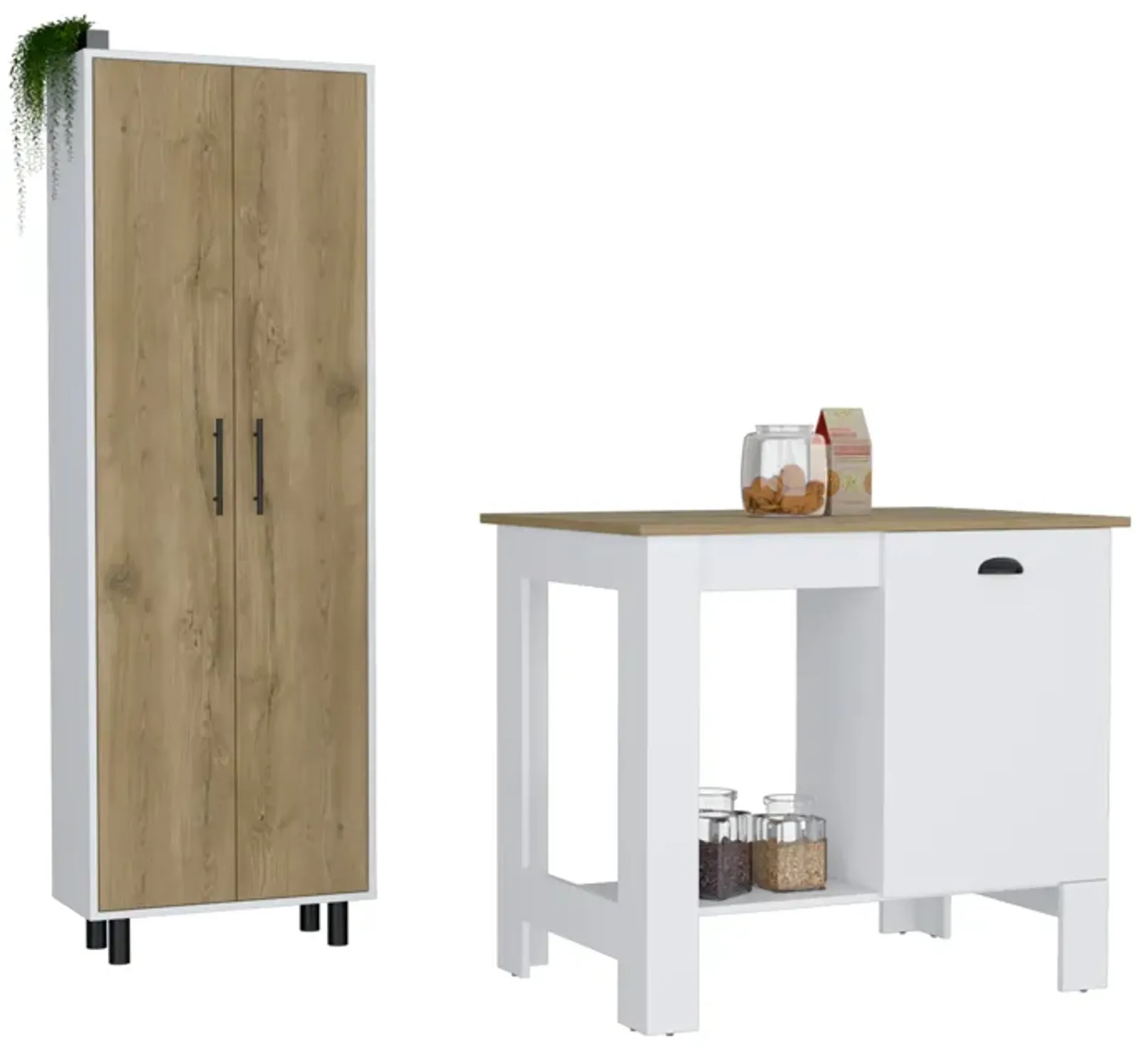 Arlington 2 Piece Kitchen Set, Kitchen Island + Pantry Cabinet, White / Light Oak