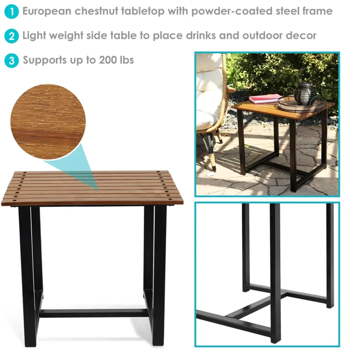 Sunnydaze 23.75 in European Chestnut Rectangular Patio Side Table - Brown