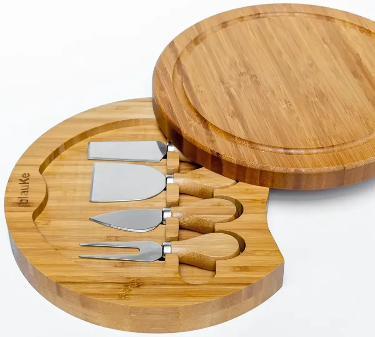 Bamboo Cheese Board and Knife Set - 10 Inch Swiveling Charcuterie Board with Slide-Out Drawer