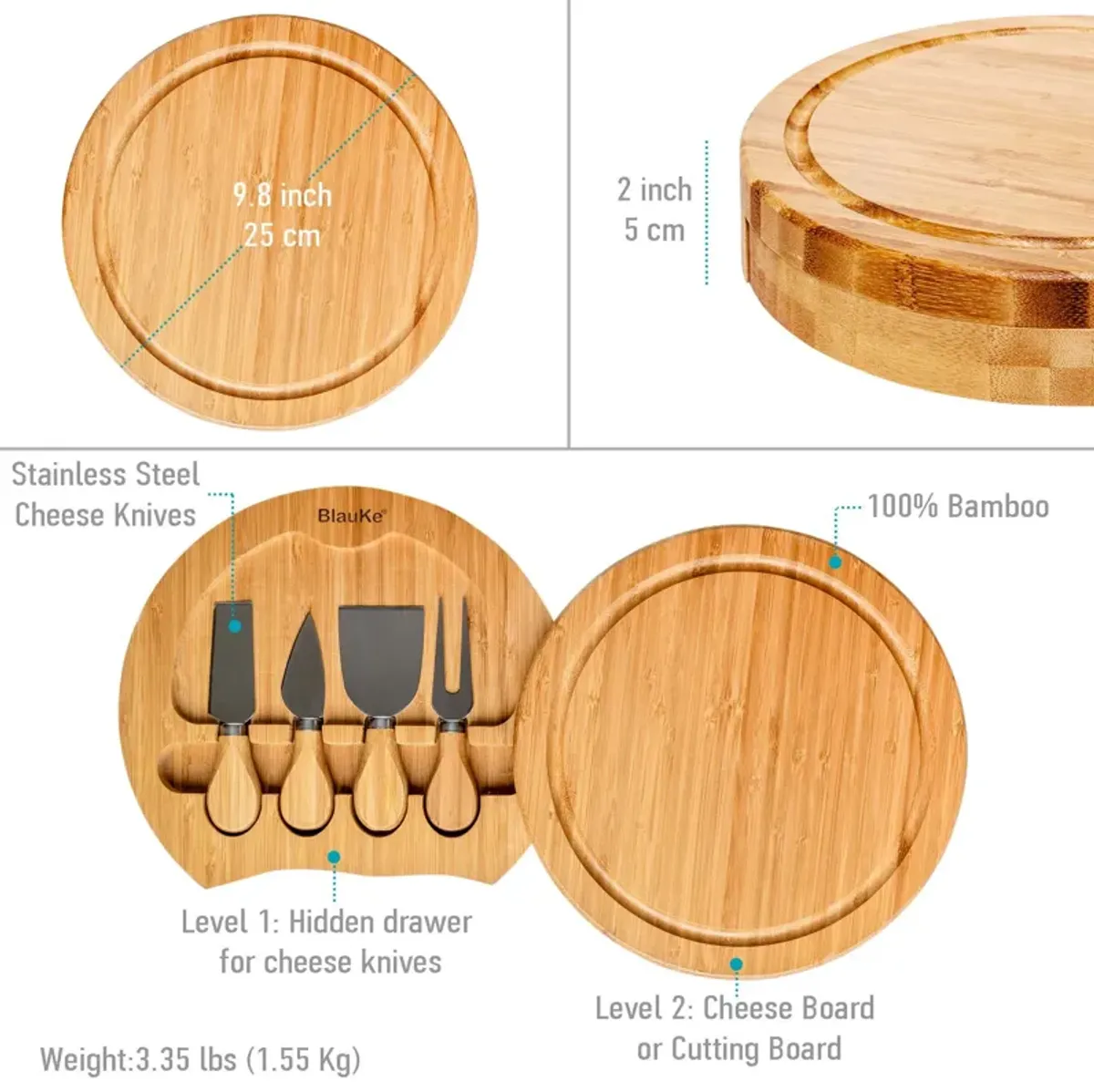 Bamboo Cheese Board and Knife Set - 10 Inch Swiveling Charcuterie Board with Slide-Out Drawer