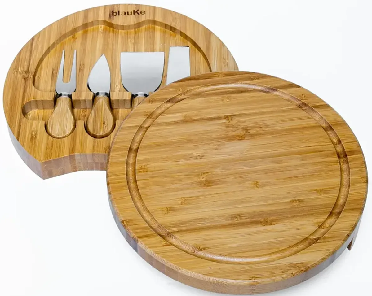 Bamboo Cheese Board and Knife Set - 10 Inch Swiveling Charcuterie Board with Slide-Out Drawer