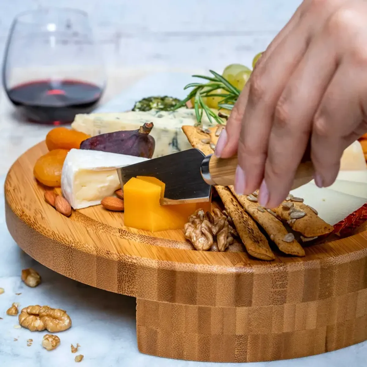 Bamboo Cheese Board and Knife Set - 10 Inch Swiveling Charcuterie Board with Slide-Out Drawer