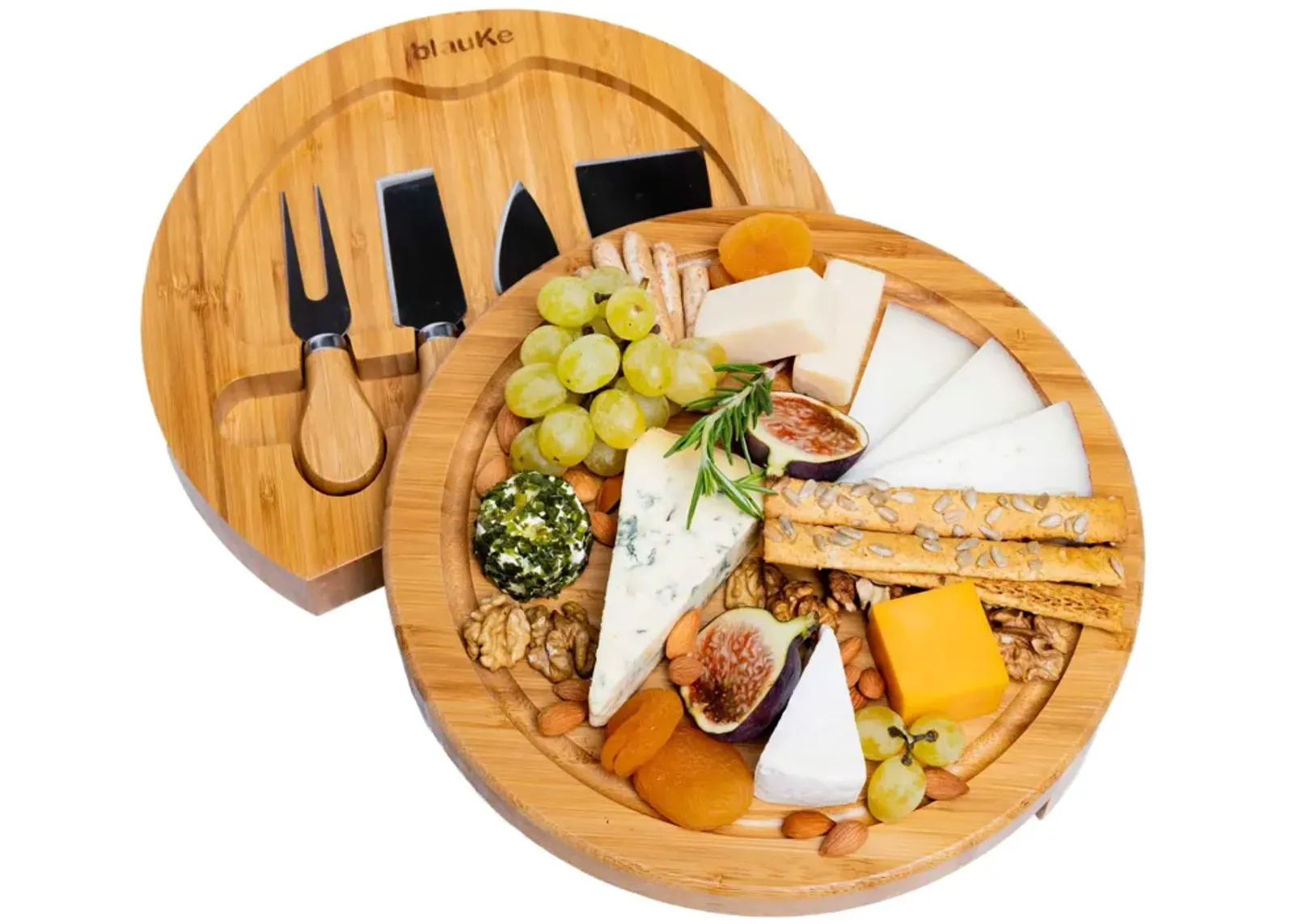 Bamboo Cheese Board and Knife Set - 10 Inch Swiveling Charcuterie Board with Slide-Out Drawer