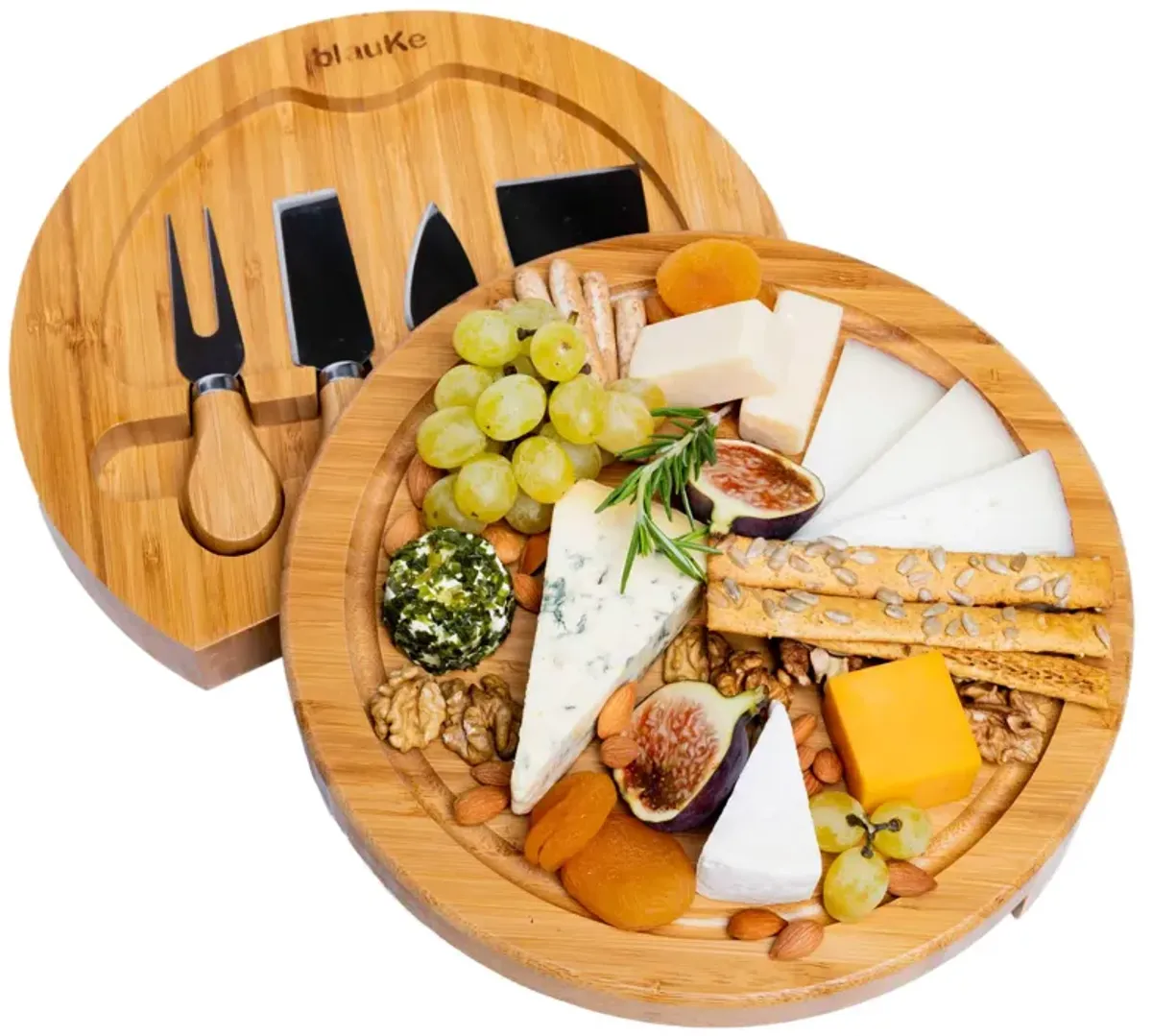 Bamboo Cheese Board and Knife Set - 10 Inch Swiveling Charcuterie Board with Slide-Out Drawer