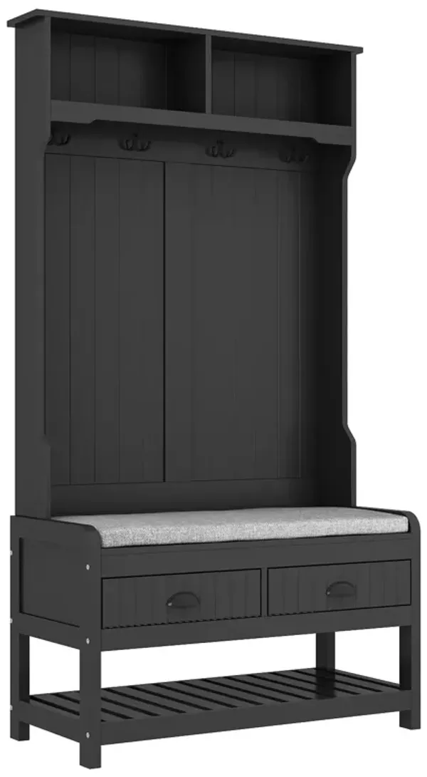 68.5 in. Black Wood 3-in-1 Hall Tree Coat Rack Storage Bench with 4-Metal Double Hooks and 2-Drawers, Shelves