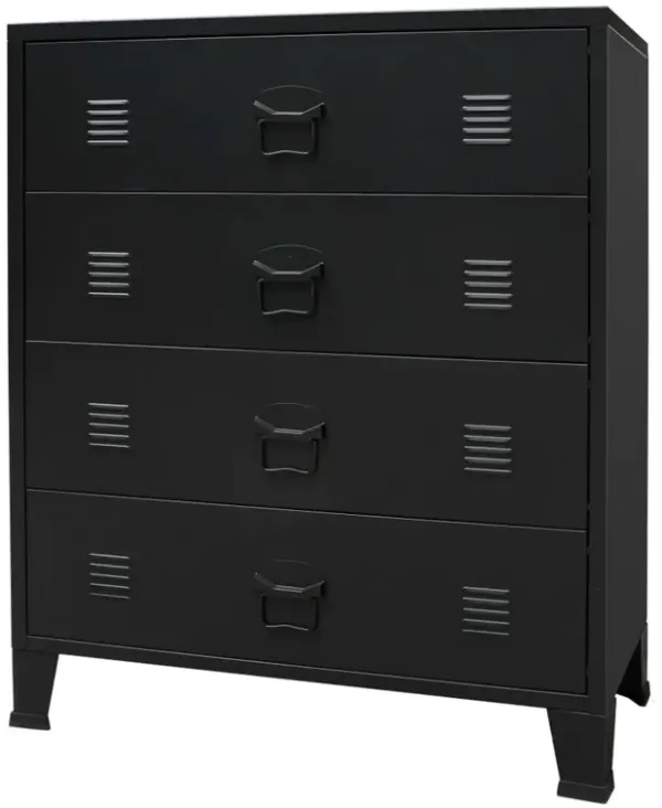Storage Tall Dresser Chest, 4 Spacious Drawers, Black Metal Frame - Benzara
