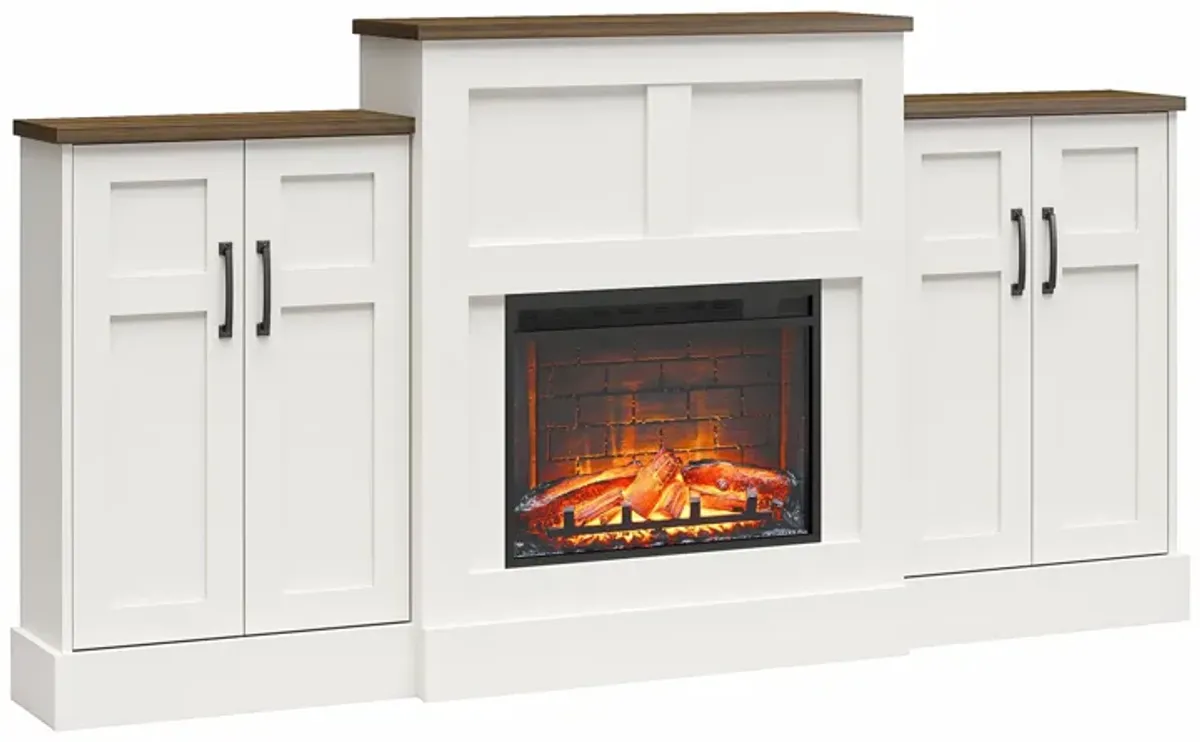 Hattie Mantel with Electric Fireplace Space Heater and Built-In Side Storage Cabinets, White and Brown Oak