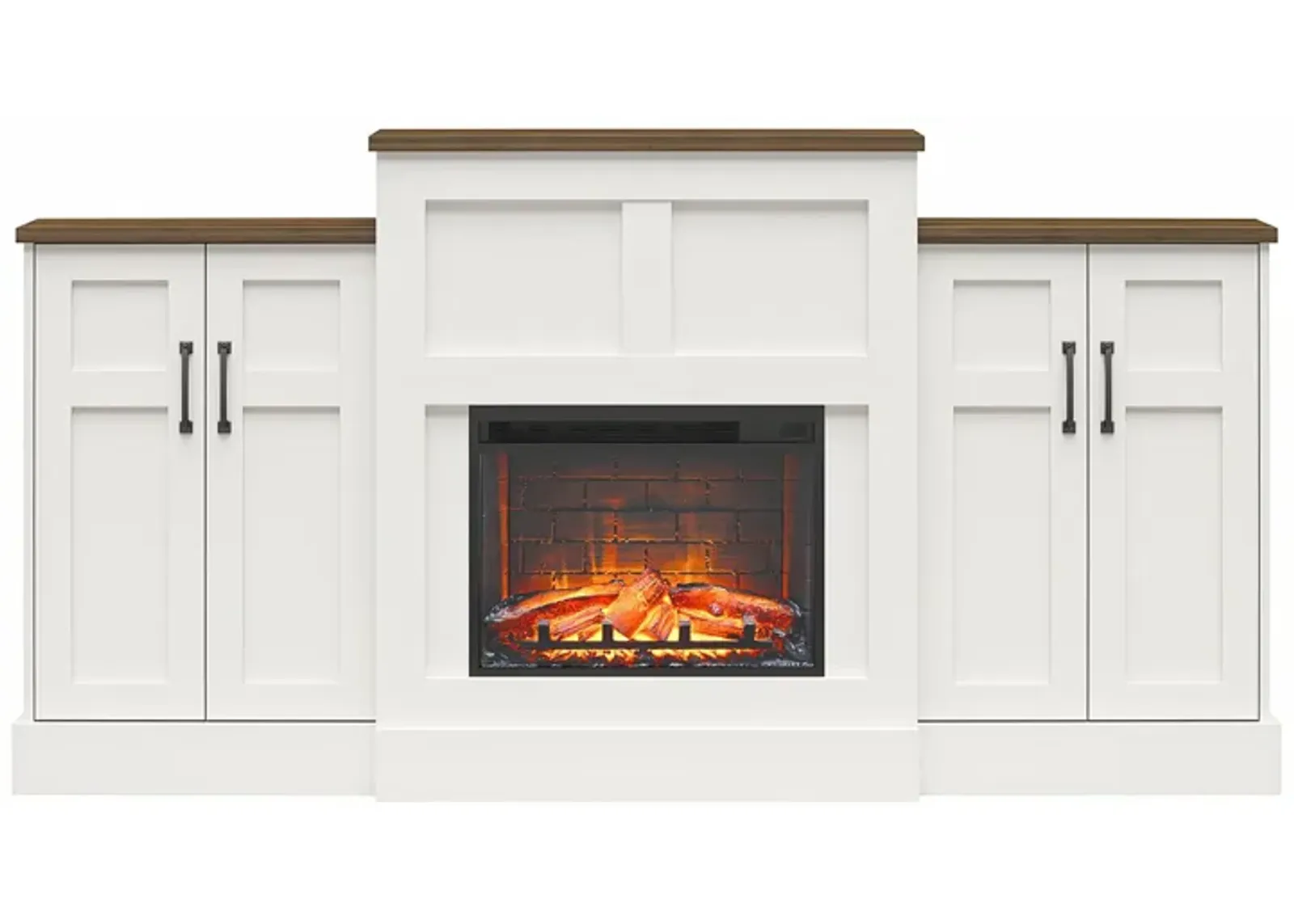 Hattie Mantel with Electric Fireplace Space Heater and Built-In Side Storage Cabinets, White and Brown Oak