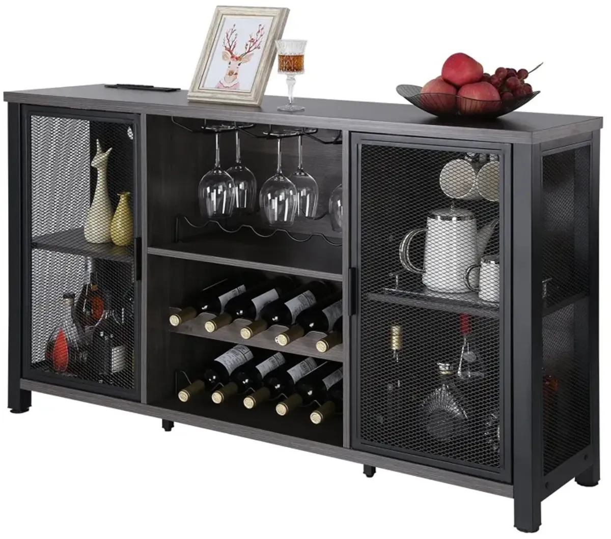 VEVOR 47 Inch Industrial Bar Cabinet, Wine Table for Liquor & Glasses, Sideboard Buffet Cabinet with Wine Rack, Freestanding Farmhouse Wood Coffee Bar Cabinet for Living Room, Home Bar, Kitchen White