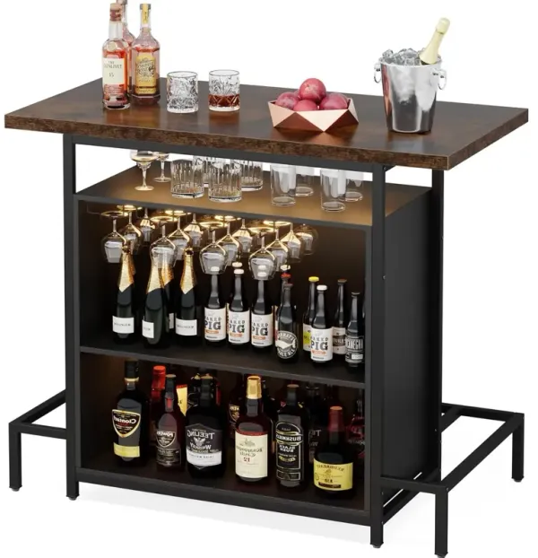 Tribesigns Industrial Home Bar Unit, 3-Tier Liquor Bar Table with 4 Stemware Racks, Wine Bar Cabinet Storage Shelf with Footrest, Pub Table for Living Room, Bistro, Den Home Pub, Black & Brown
