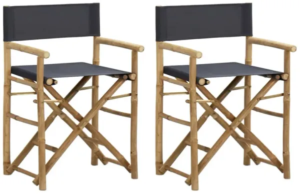 Folding Director's Chairs Set of 2, X Shape Base, Bamboo, Dark Gray - Benzara