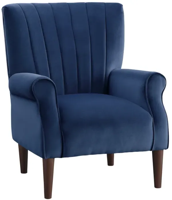 Elle 35 Inch Accent Chair Armchair, Tufted Navy Blue Velvet, Solid Wood - Benzara