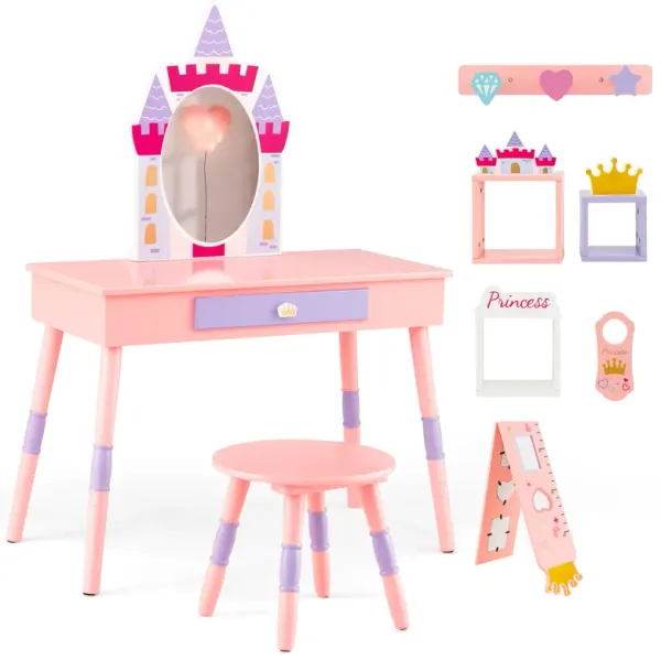 Kids Princess Vanity Table and Stool Set with Drawer and Mirror-Pink