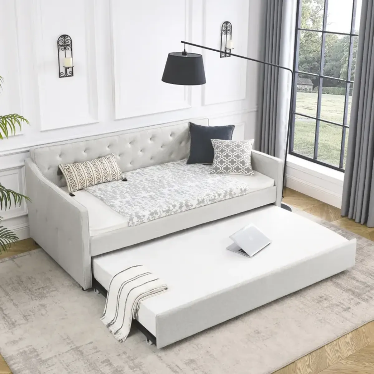 Tufted Twin Daybed with Trundle, Beige (80.5" x 44.5" x 33.5")