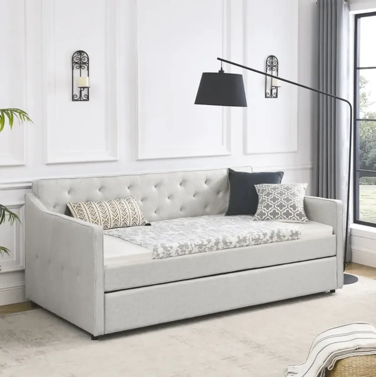 Tufted Twin Daybed with Trundle, Beige (80.5" x 44.5" x 33.5")