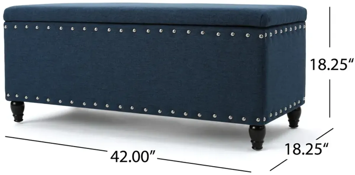 Sharon Storage Ottoman Bench, Navy Blue Fabric, Nailhead Trim, 42 Inch -Benzara