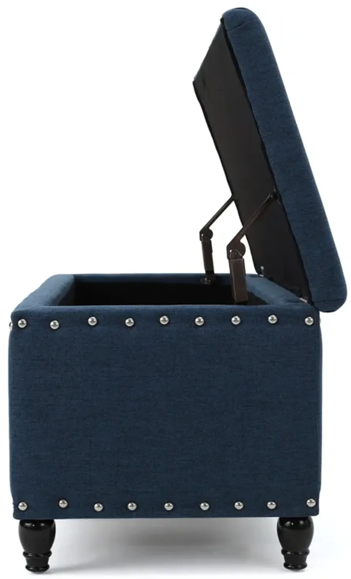 Sharon Storage Ottoman Bench, Navy Blue Fabric, Nailhead Trim, 42 Inch -Benzara