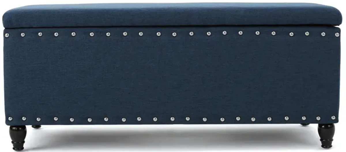 Sharon Storage Ottoman Bench, Navy Blue Fabric, Nailhead Trim, 42 Inch -Benzara