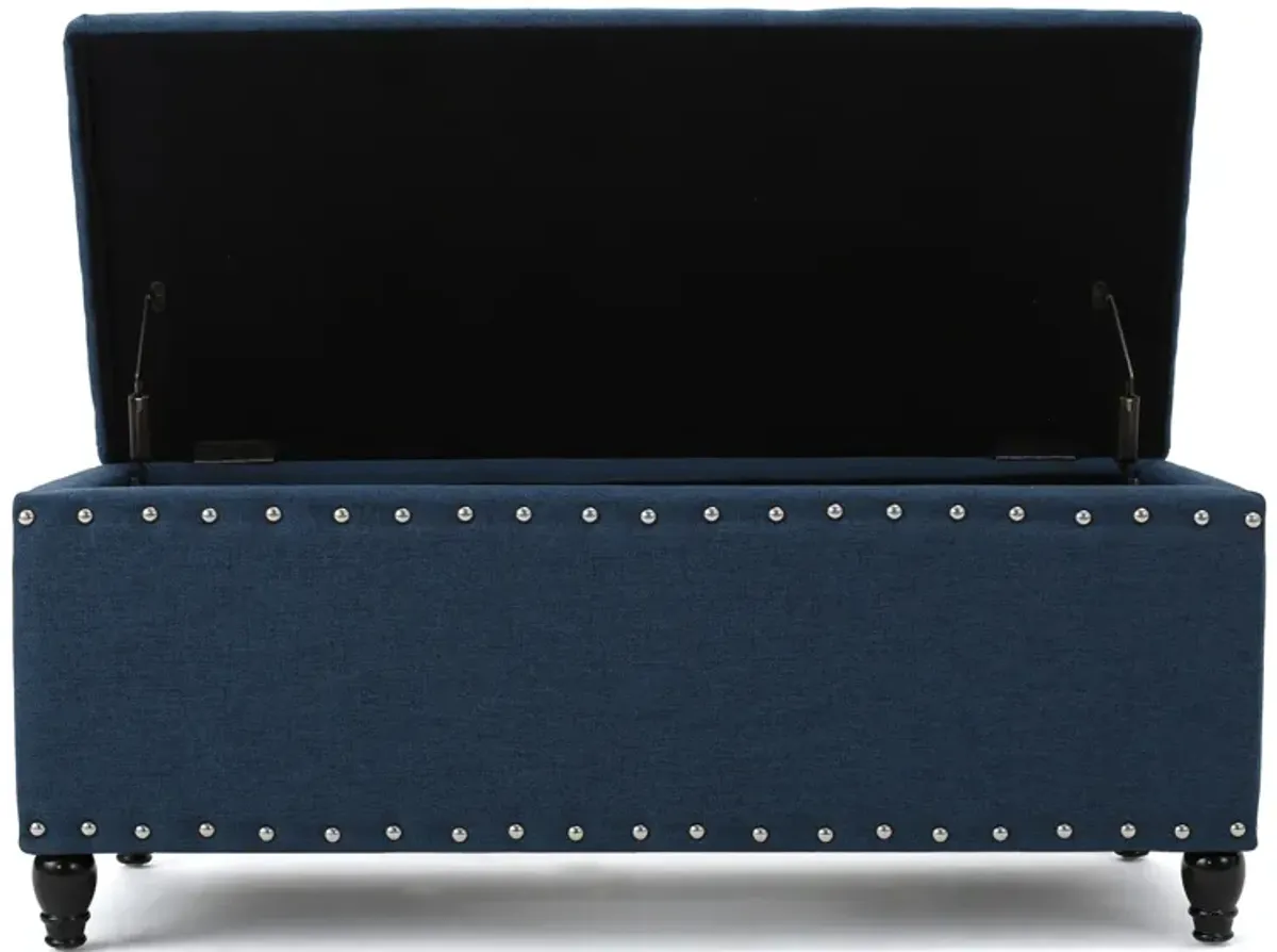 Sharon Storage Ottoman Bench, Navy Blue Fabric, Nailhead Trim, 42 Inch -Benzara