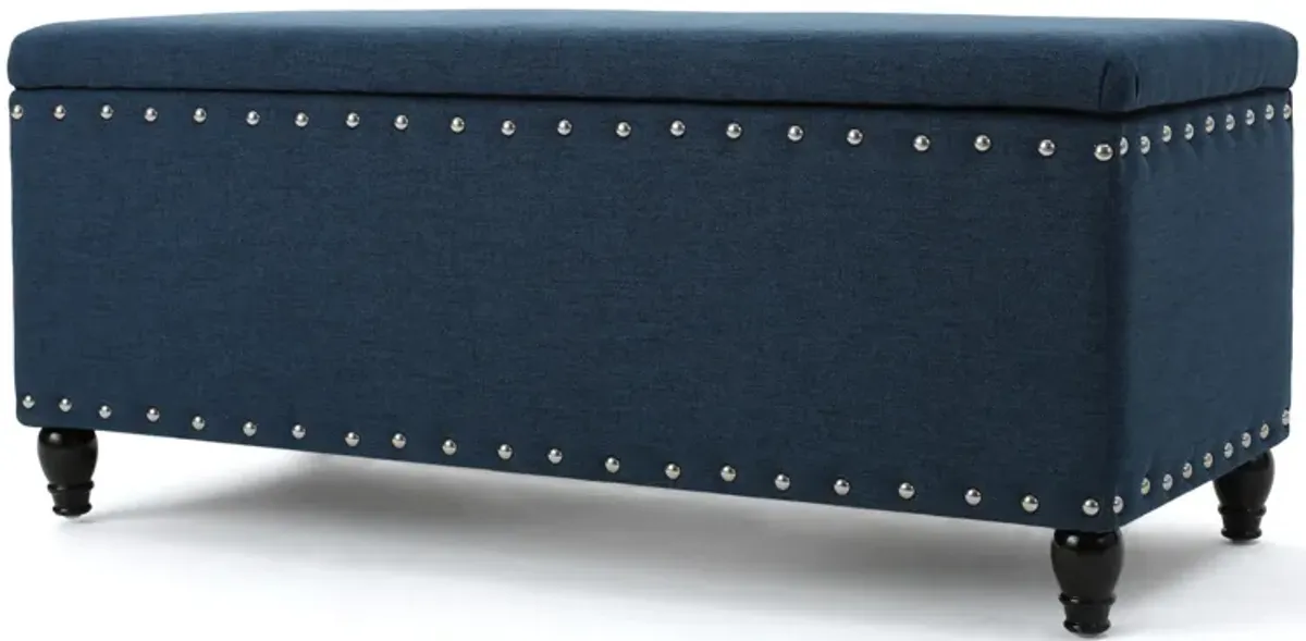 Sharon Storage Ottoman Bench, Navy Blue Fabric, Nailhead Trim, 42 Inch -Benzara