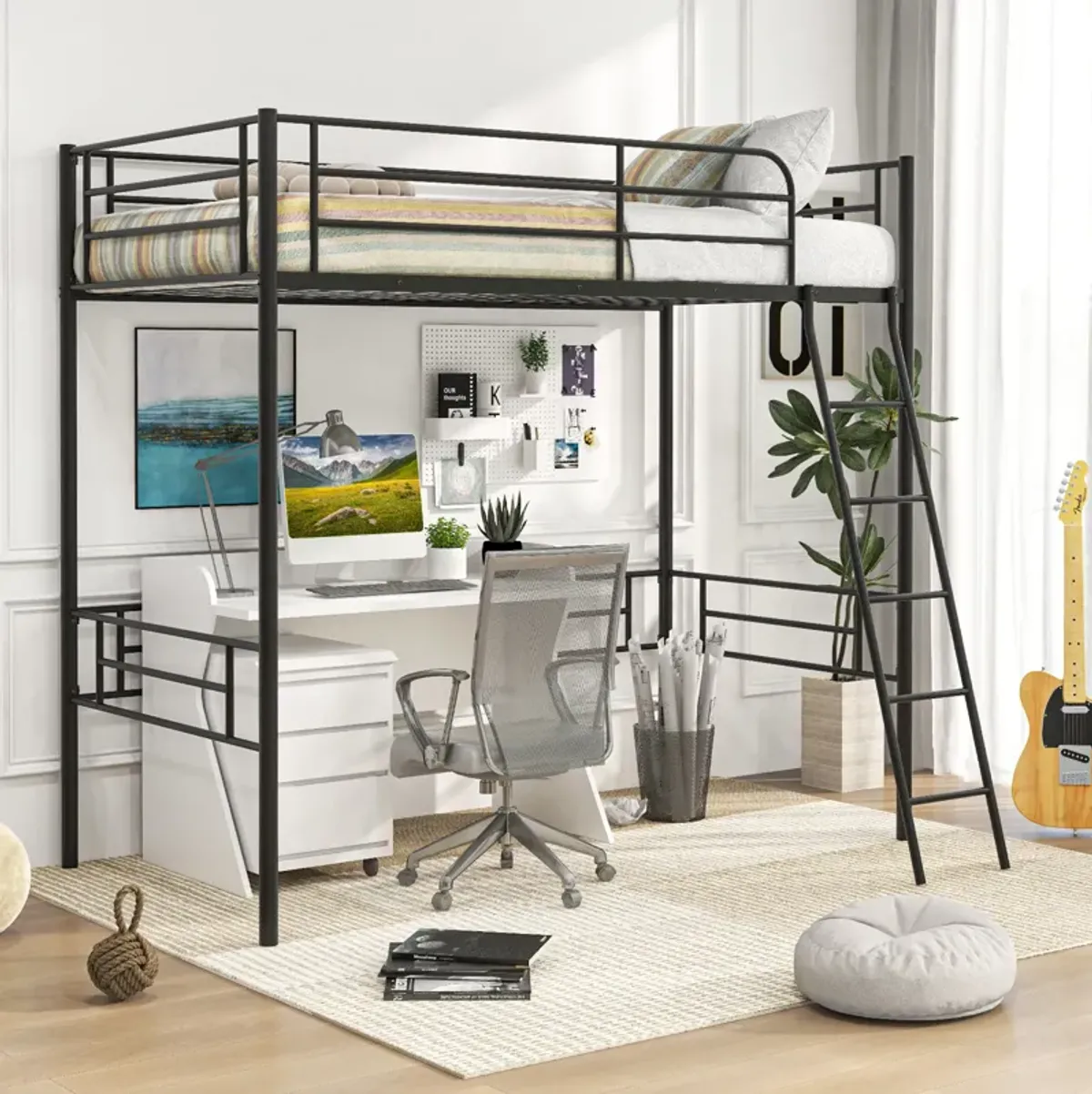 Twin Metal Loft Bed Frame with Ladder and Metal Slats Support-Black