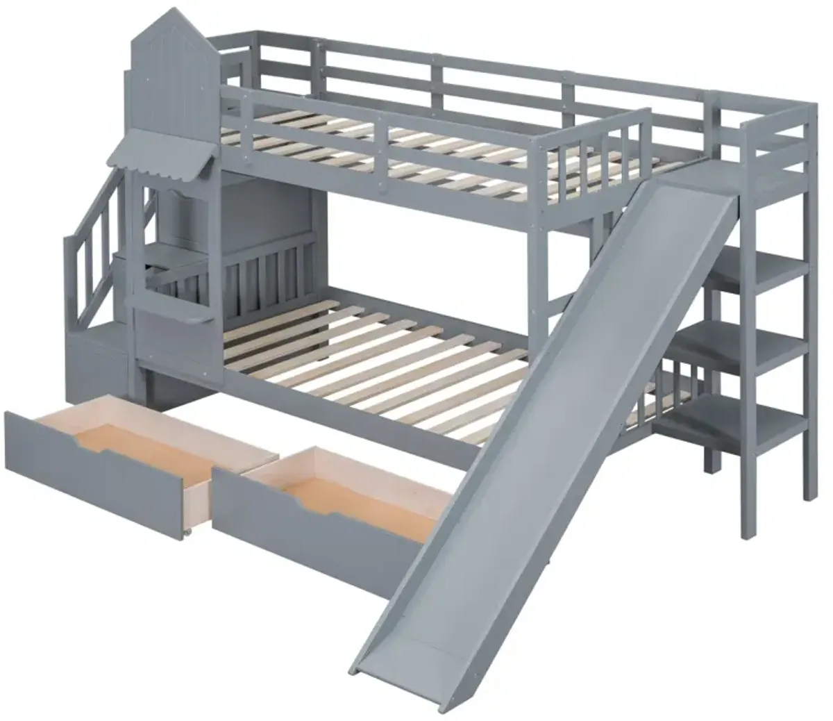 Twin Over Twin Castle Style Bunk Bed With 2 Drawers 3 Shelves And Slide Gray