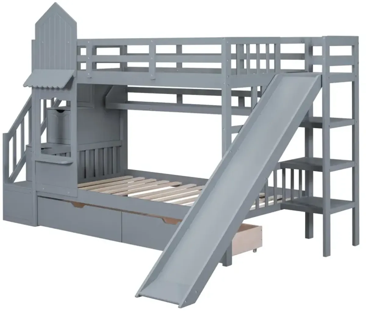 Twin Over Twin Castle Style Bunk Bed With 2 Drawers 3 Shelves And Slide Gray