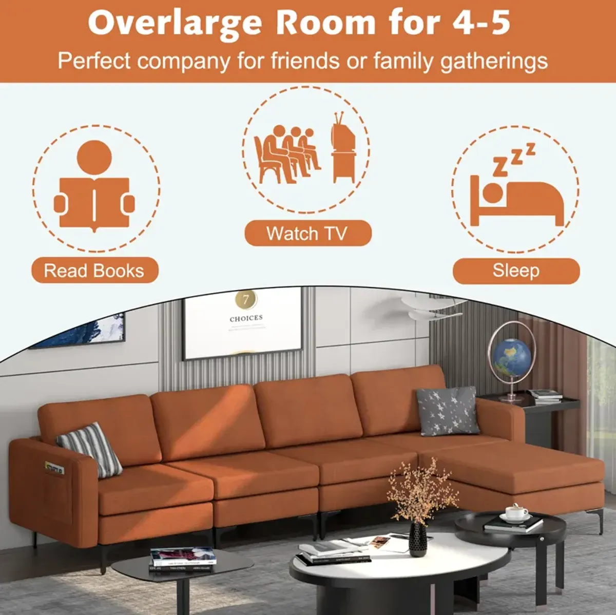 Costway Modular L-shaped Sectional Sofa w/ Reversible Chaise & 4 USB Ports