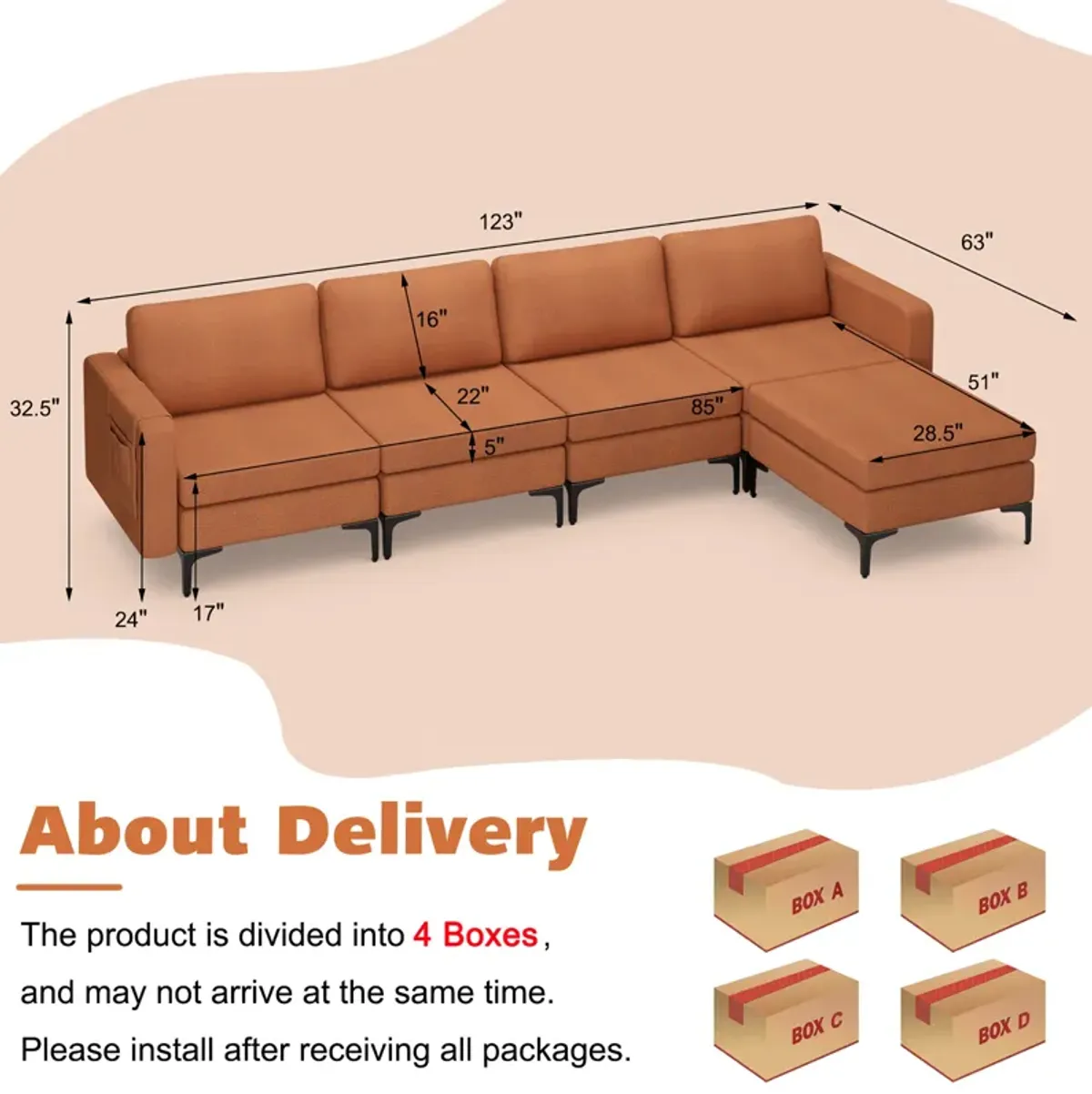 Costway Modular L-shaped Sectional Sofa w/ Reversible Chaise & 4 USB Ports