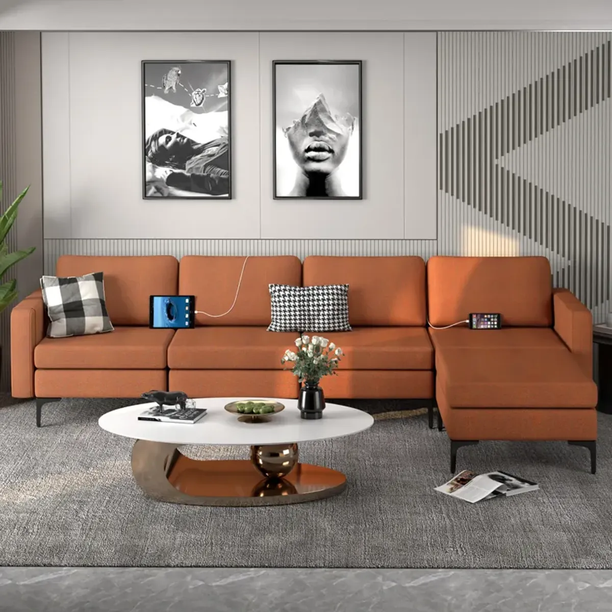 Costway Modular L-shaped Sectional Sofa w/ Reversible Chaise & 4 USB Ports