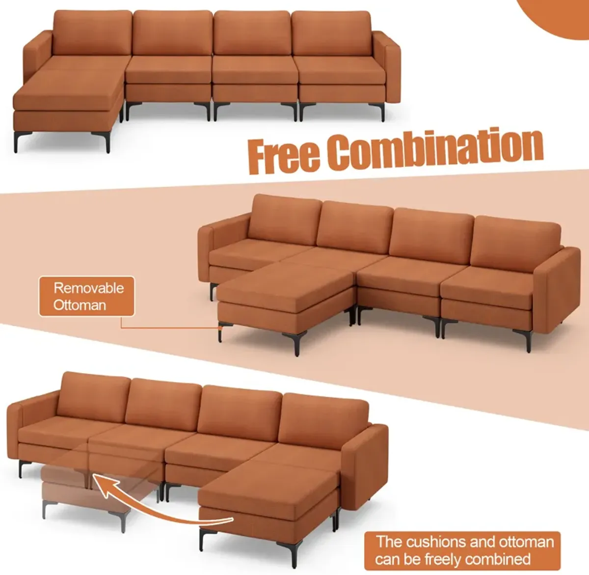 Costway Modular L-shaped Sectional Sofa w/ Reversible Chaise & 4 USB Ports