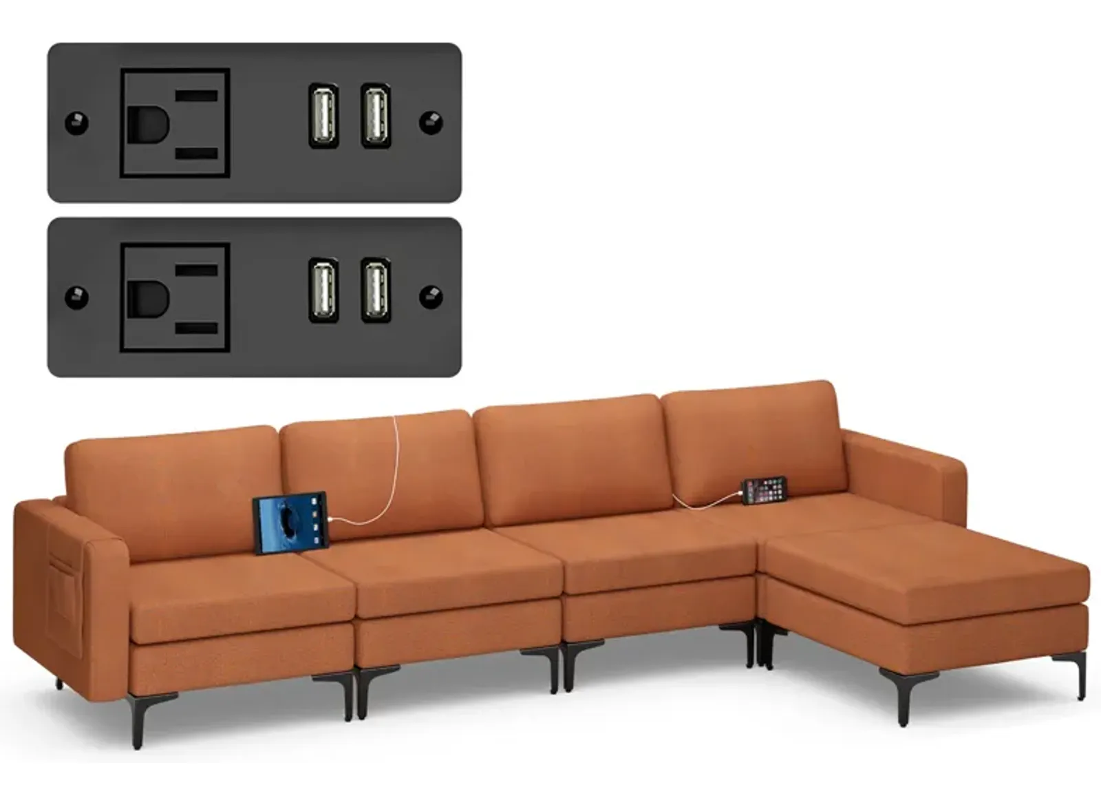 Costway Modular L-shaped Sectional Sofa w/ Reversible Chaise & 4 USB Ports