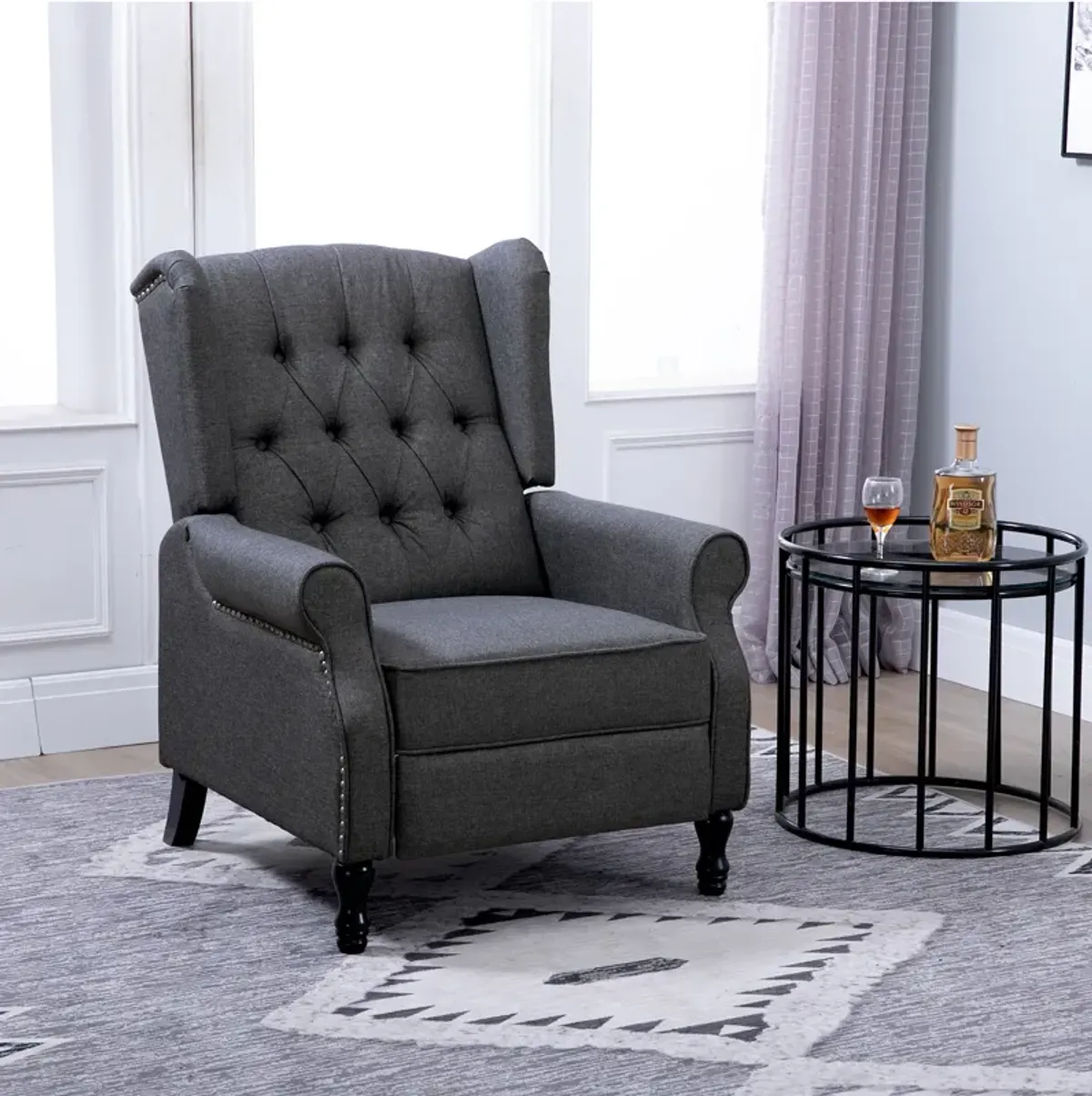 HOMCOM Fabric Upholstered Wingback Recliner, Tufted Push Back Accent Chair, Linen Arm Chair with Footrest, Armrest, Padded Cushion, Dark Grey