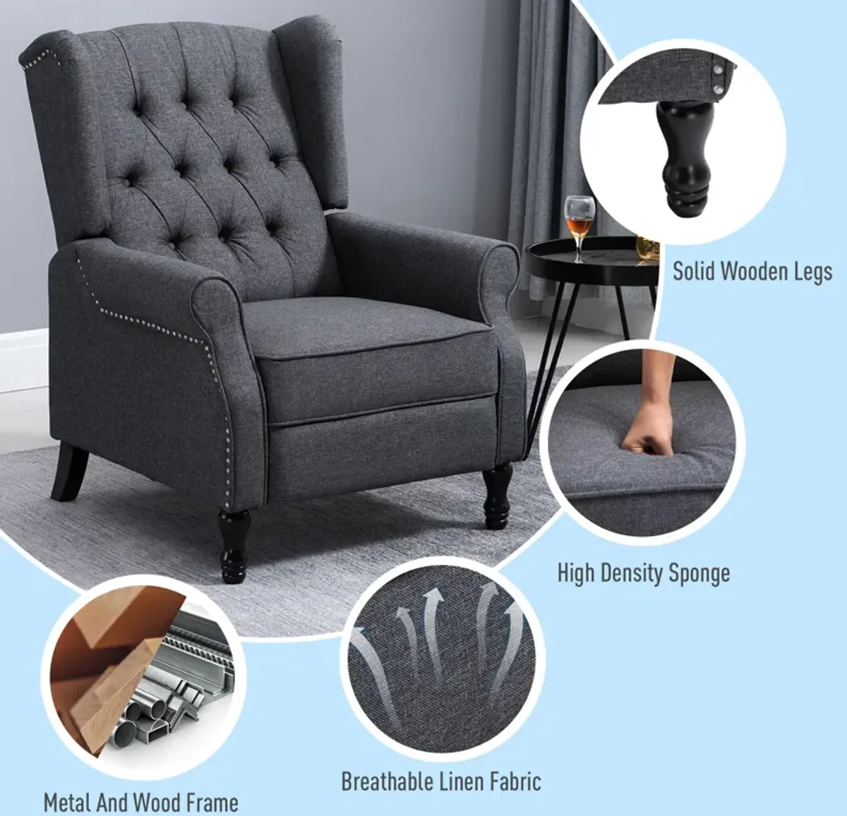 HOMCOM Fabric Upholstered Wingback Recliner, Tufted Push Back Accent Chair, Linen Arm Chair with Footrest, Armrest, Padded Cushion, Dark Grey