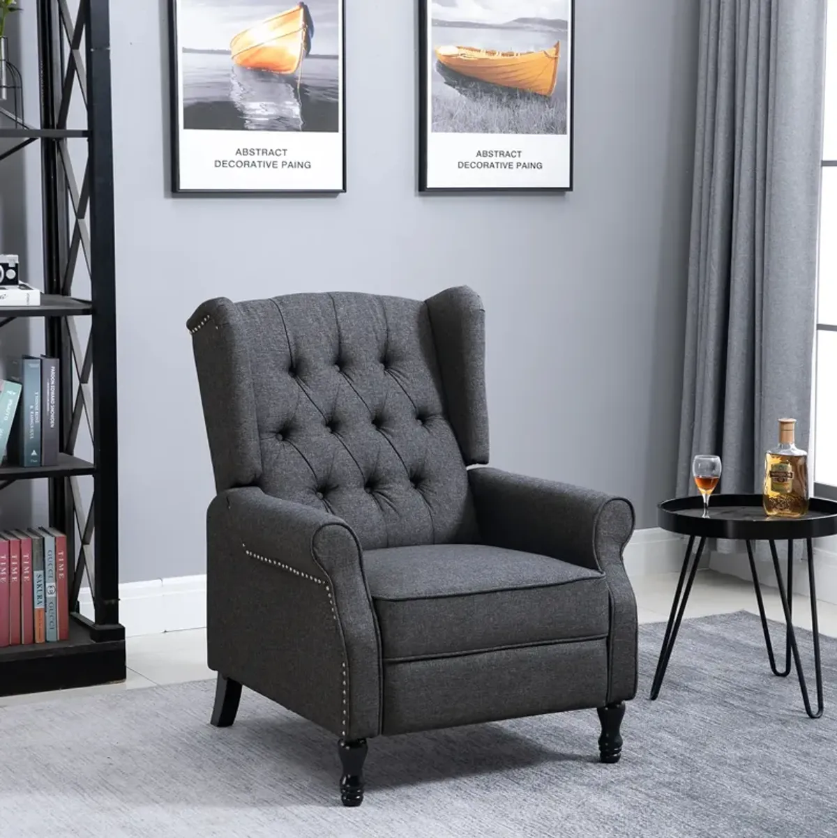 HOMCOM Fabric Upholstered Wingback Recliner, Tufted Push Back Accent Chair, Linen Arm Chair with Footrest, Armrest, Padded Cushion, Dark Grey