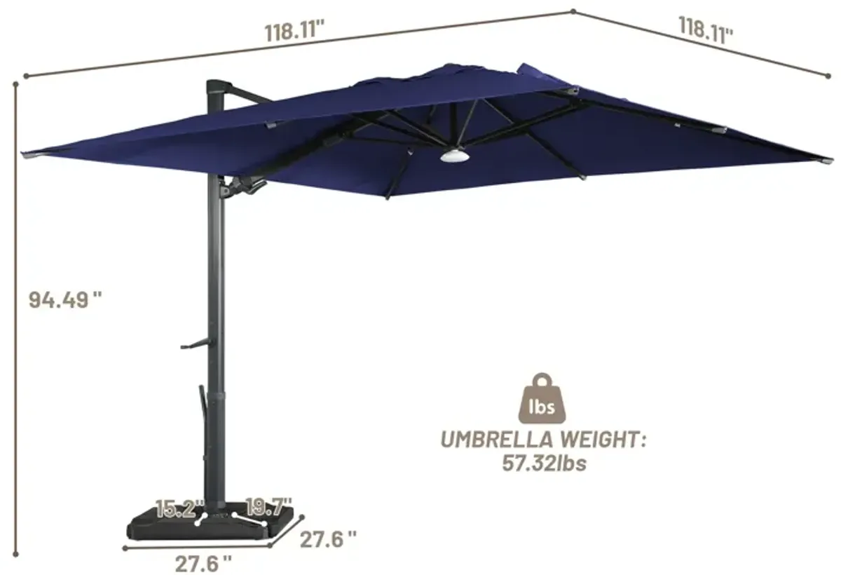 10 ft. 360° Rotation Square Cantilever Patio Umbrella with Base and BT in Navy Blue