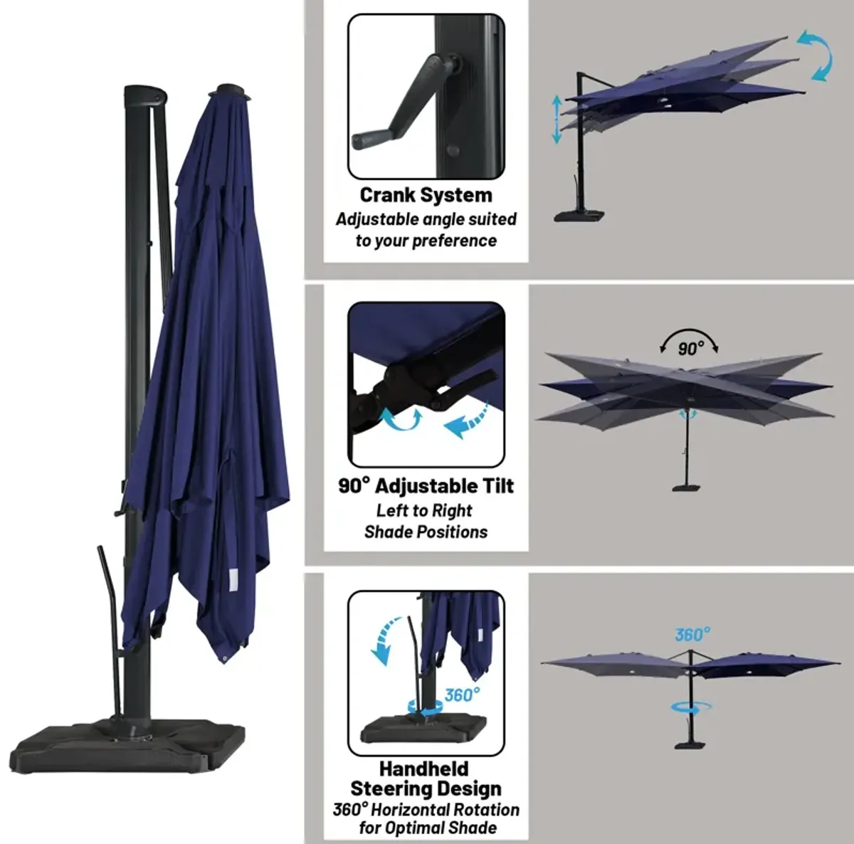 10 ft. 360° Rotation Square Cantilever Patio Umbrella with Base and BT in Navy Blue