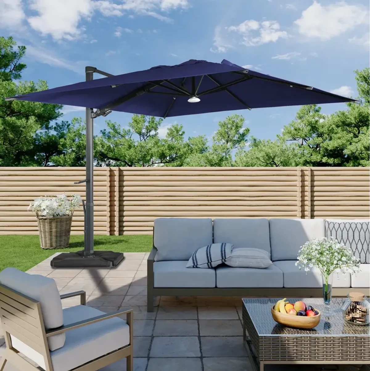 10 ft. 360° Rotation Square Cantilever Patio Umbrella with Base and BT in Navy Blue