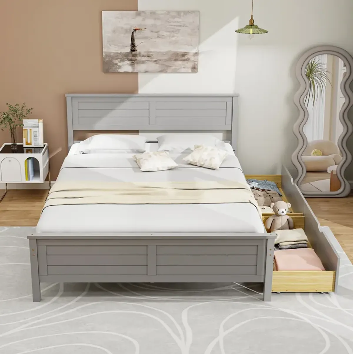 Full Size Bed Frame with Storage Drawers and Solid Wood Headboard