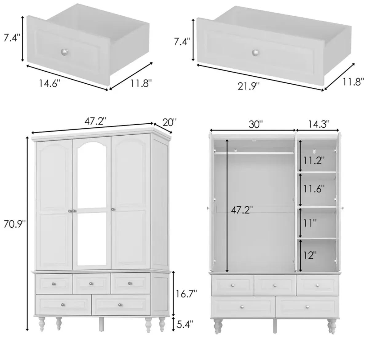 White Paint Big Wardrobe Armoires W/Mirror, Hanging Rod, Drawers, Adjustable Shelves 70.9 in. H x 47.2 in. W x 20 in. D