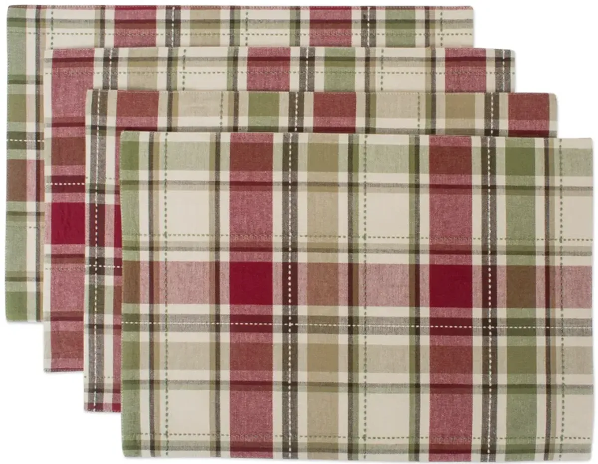 Set of 6 Beige Green and Red Rectangular Plaid Placemat 19"