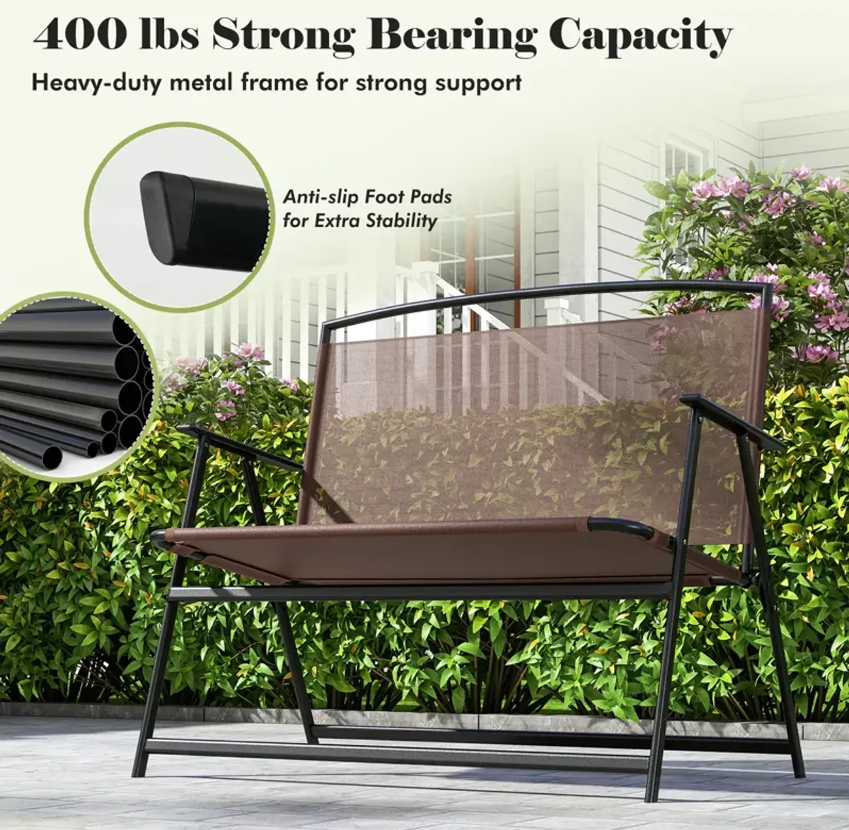 Folding Outdoor Garden Bench 2-Person Patio Bench with Backrest and Armrests-Brown