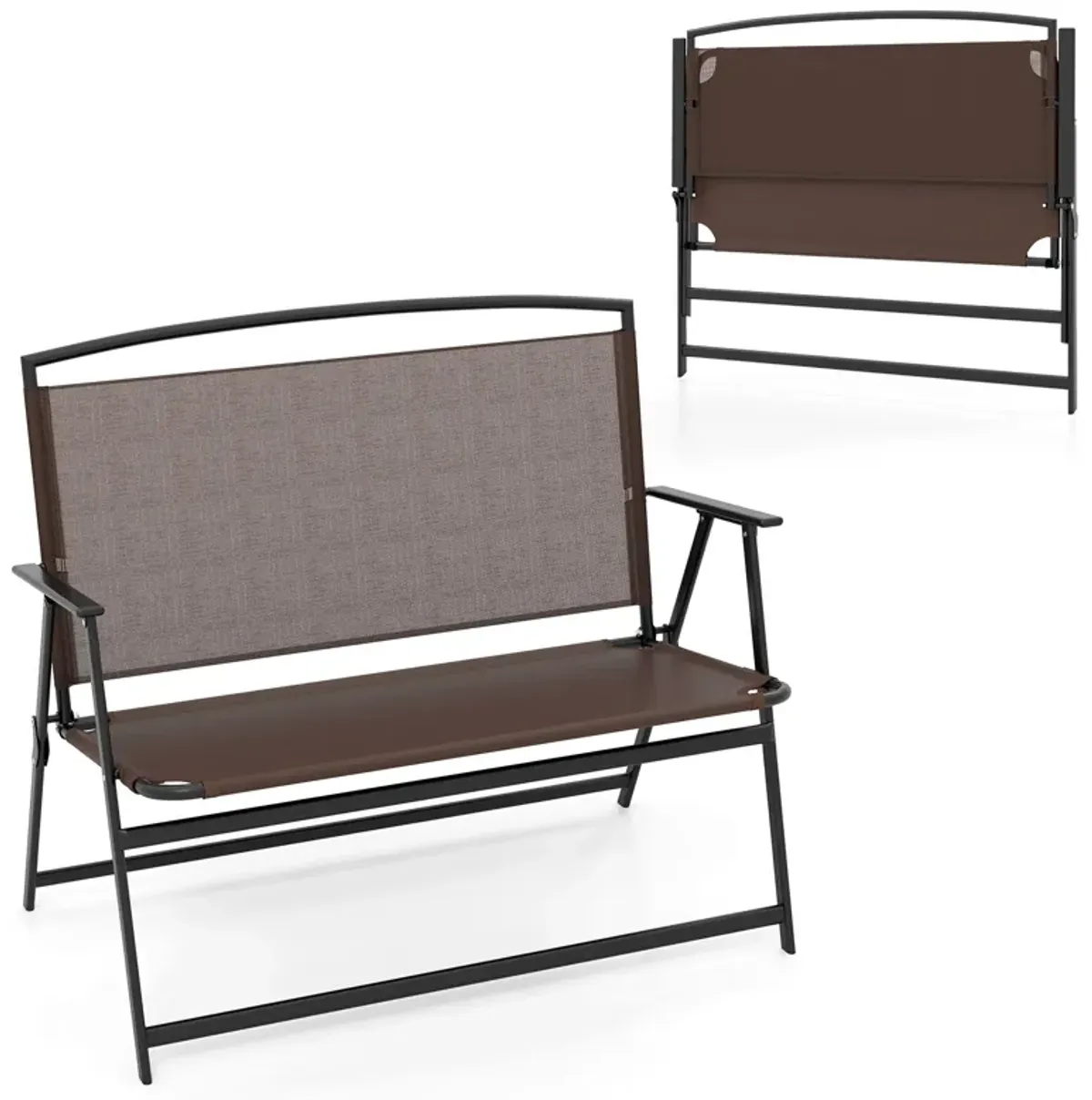 Folding Outdoor Garden Bench 2-Person Patio Bench with Backrest and Armrests-Brown