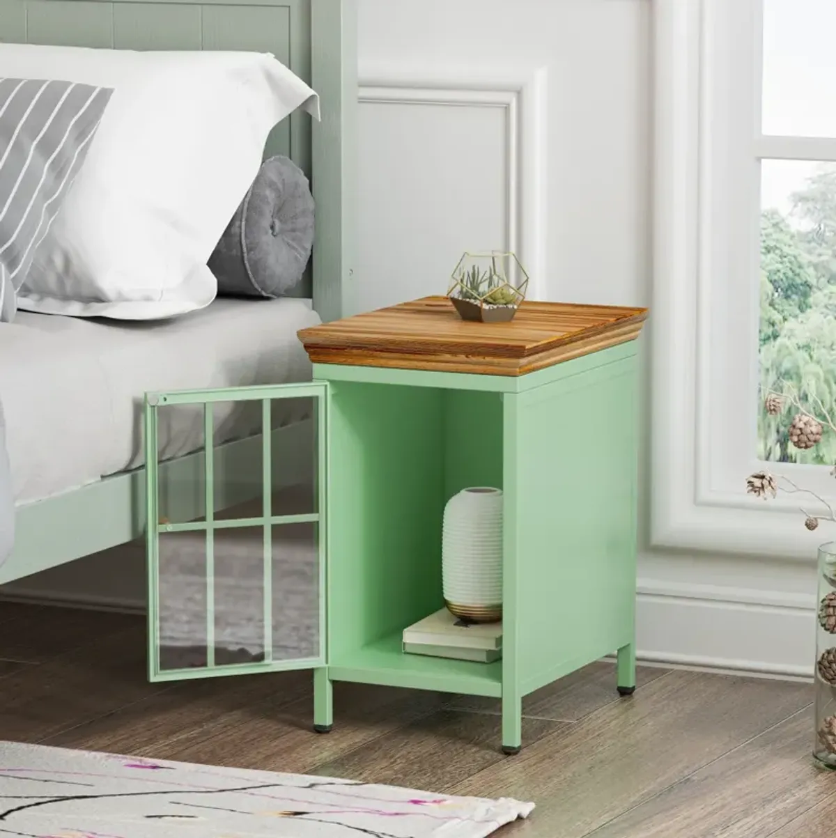 Solid Wood Nightstand with Storage Cabinet