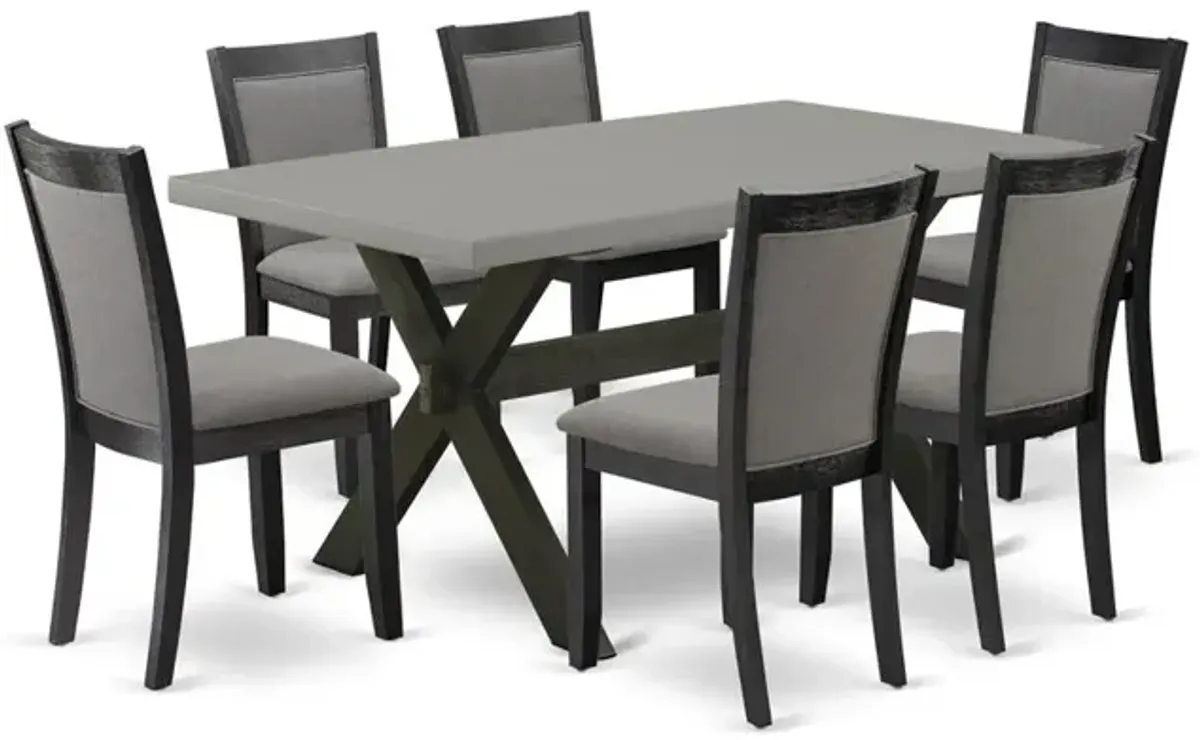 East West Furniture 7 Piece Dining Room Table Set - A Cement Top Mid Century Dining Table with Trestle Base and 6 Dark Gotham Grey Linen Fabric Parson Chairs - Wire Brushed Black Finish