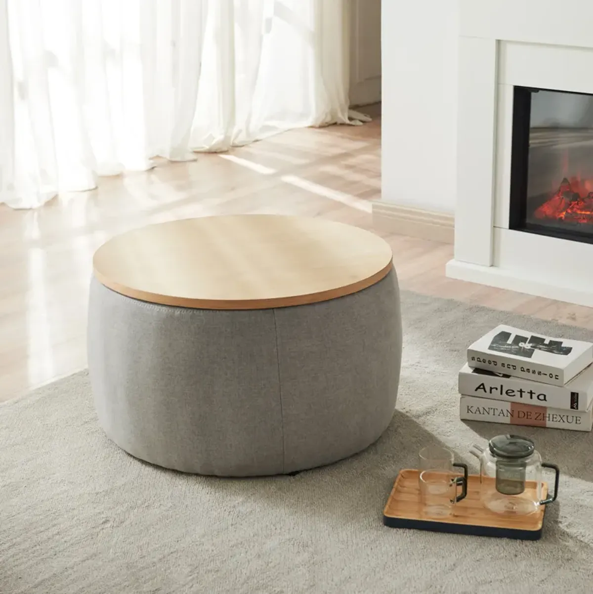 Streamdale Round Storage Ottoman, 2 In 1 Function, Work As End Table And Ottoman