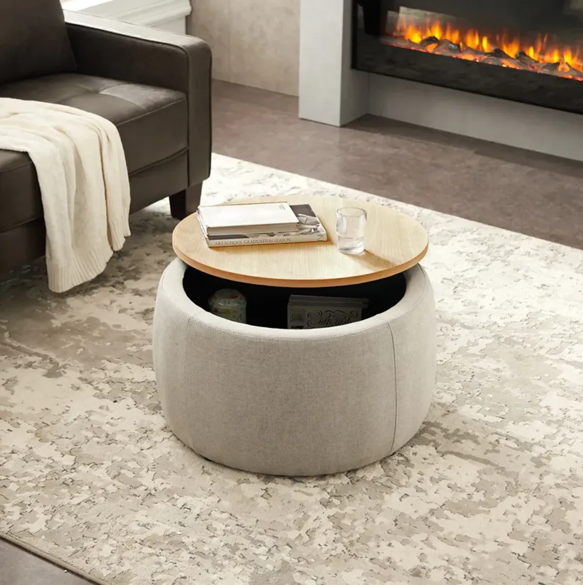 Streamdale Round Storage Ottoman, 2 In 1 Function, Work As End Table And Ottoman