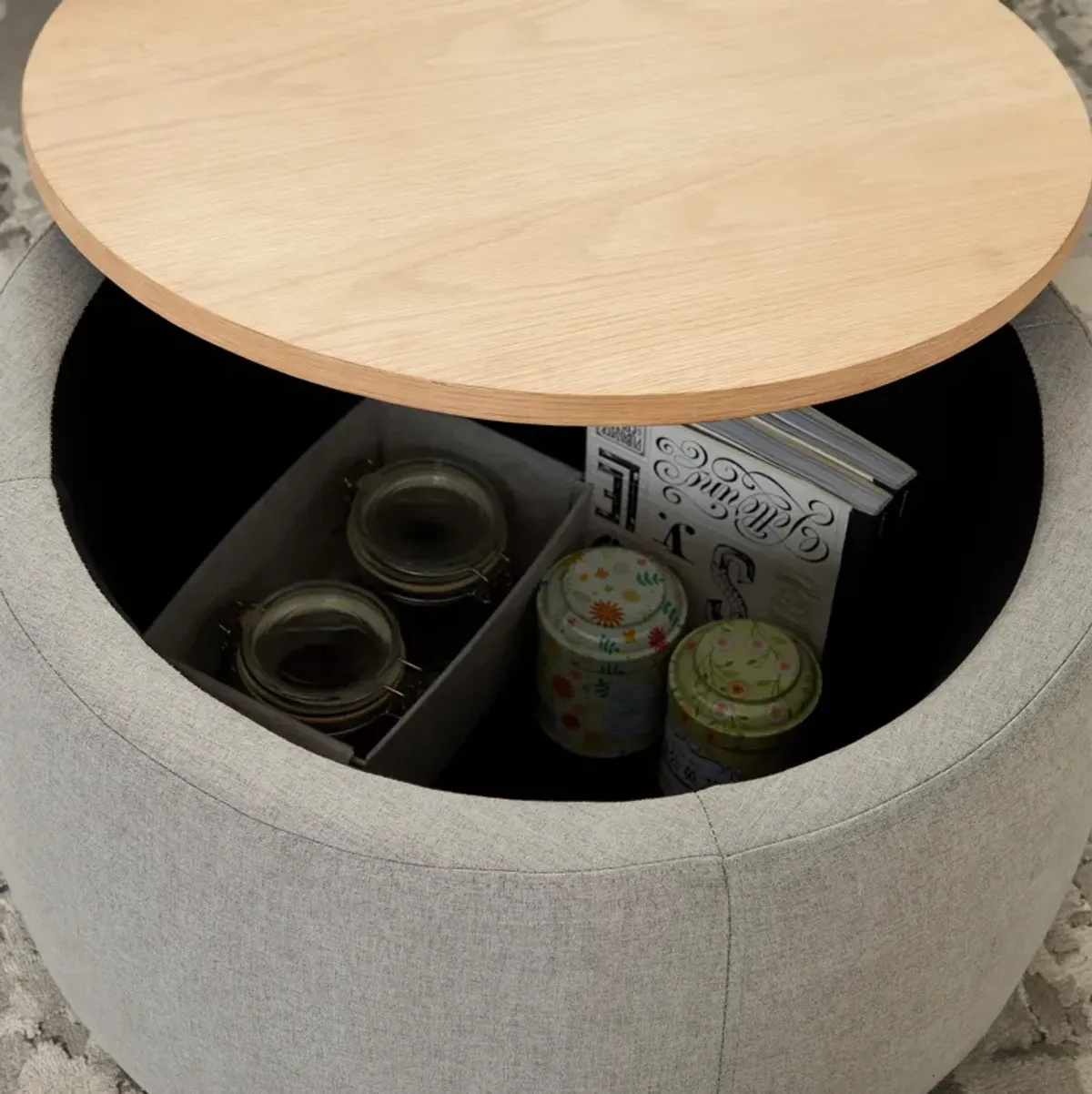 Streamdale Round Storage Ottoman, 2 In 1 Function, Work As End Table And Ottoman
